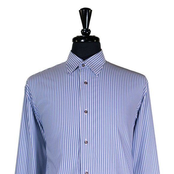 Mens Shirt Button Up Blue White Striped Silky Dress Casual Beach Handmade Large - Picture 3 of 7